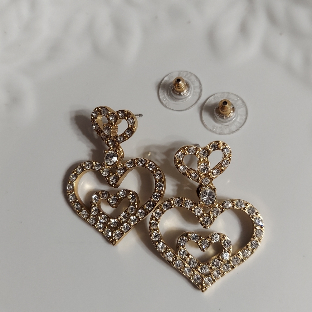 Nolan Miller Textured Gold Tone/Pave' Triple Heart Dangle Drop Earrings